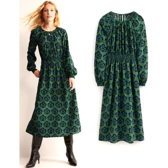 BODEN Gather Raglan MIDI Dress in Amazon Green Carnation - Picture 1 of 8